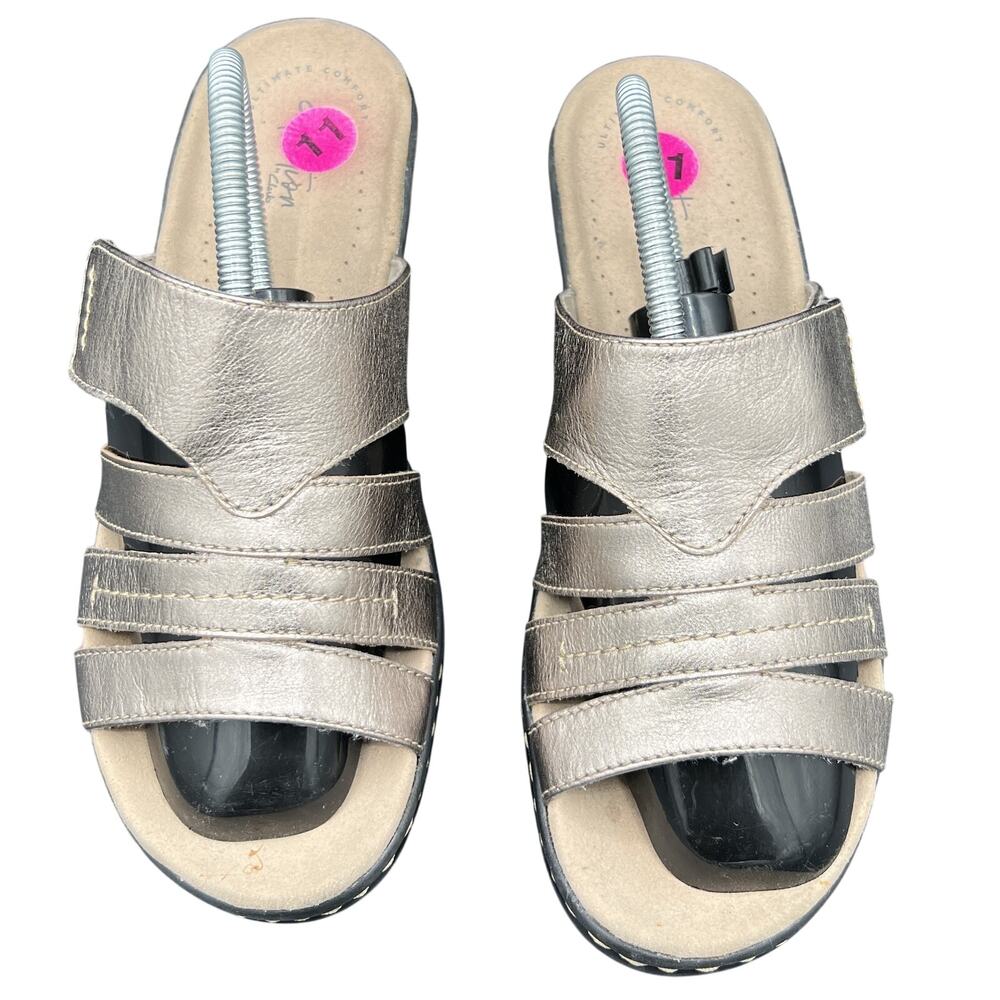 ✨Clarks Women Sz 11 Pewter Metallic Strappy Slide Sandals Comfort Footbed Summer
